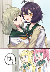  4girls absurdres after_kiss ahoge aoki_shizumi araga_kiwi black_eyes blonde_hair blue_eyes blush classroom commentary double_bun drill_hair english_commentary flying_sweatdrops green_eyes green_hair green_sailor_collar hair_bun hanabishi_haruka hand_on_another&#039;s_shoulder highres hiiragi_utena indoors long_sleeves mahou_shoujo_ni_akogarete medium_hair multiple_girls neckerchief oerba_yun_fang open_mouth orange_neckerchief pink_hair purple_hair sailor_collar saliva saliva_trail shirt sidelocks sweatdrop tenkawa_kaoruko twin_drills white_shirt yellow_eyes yuri 