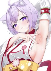  absurdres ahoge ai_(u_e_o_o) animal_ear_fluff animal_ears armpits blush breasts cat_ears closed_mouth cosplay detached_sleeves female highres hololive long_sleeves nekomata_okayu pink_nails presenting_armpit purple_eyes purple_hair sakura_miko sakura_miko_(1st_costume) sakura_miko_(cosplay) short_hair sideboob simple_background solo spread_armpit upper_body virtual_youtuber white_background 