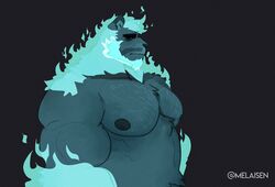  2021 absurd_res anthro artist_name barazoku black_background black_sclera blue_fire blue_mane colored_fire dark_nipples demon digital_media_(artwork) facial_hair felid fire flaming_arms flaming_hair flaming_mane half-length_portrait hi_res lion male mammal mane melaisen moustache musclegut muscular overweight overweight_anthro overweight_male pantherine portrait pseudo_hair pseudo_mane simple_background solo teal_body teal_fire teal_mane 