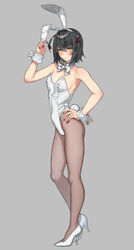  1boy absurdres animal_ears black_hair bow bowtie crossdressing detached_collar full_body grey_background grey_pantyhose hand_on_own_hip highres karasu_(jjwh2832) leotard male_focus male_playboy_bunny mashiro_meme nail_polish nijisanji otoko_no_ko pantyhose pectorals playboy_bunny rabbit_ears rabbit_tail red_nails short_hair simple_background solo strapless strapless_leotard tail virtual_youtuber white_bow white_bowtie white_leotard wrist_cuffs yellow_eyes 