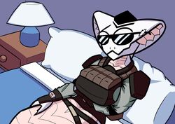  absurd_res agent_torque anthro apode armor bed big_breasts breasts clothed clothing draconcopode eyewear featureless_crotch female furniture ganmakurel hand_on_hip hand_under_breast hi_res lamp legless looking_at_viewer lying military_uniform naga on_back on_bed pillow purple_background scales scalie serpentine simple_background snake_hood solo sunglasses tan_body tan_scales uniform viper_(x-com) white_body white_scales wide_hips x-com x-com:_chimera_squad 