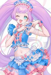  ;d aqua_eyes blue_bow bow bowtie commentary female heart heart_hands highres layered_skirt light_purple_hair long_hair manaka_laala midriff multicolored_clothes multicolored_skirt nanceee_305 one_eye_closed pink_bow pink_bowtie pink_nails pretty_series pripara skirt smile solo summer_maid_coord symbol-only_commentary twintails very_long_hair wrist_cuffs 