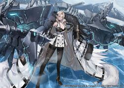  absurdres azur_lane black_gloves blonde_hair blue_eyes breasts cleavage coat coat_on_shoulders commentary_request dress elbow_gloves female full_body fur_trim gloves gold_trim hair_ornament high_heels highres holding ice kronshtadt_(azur_lane) large_breasts long_hair looking_at_viewer machinery military military_uniform mole mole_on_breast mountain official_art outdoors pantyhose sheath short_dress simple_background smile snow snowing solo sword turret uniform very_long_hair weapon zonotaida 