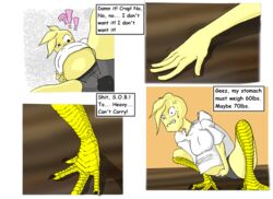  after_transformation anthro avian bird chica_(fnaf) chicken comic_sans dagney duo english_text female five_nights_at_freddy&#039;s galliform gallus_(genus) gender_confusion gender_transformation hi_res human humanoid labor mammal mtf_transformation phasianid scottgames text transformation widescreen 