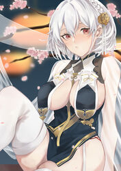  azur_lane braid branch breast_curtains breasts cherry_blossoms china_dress chinese_clothes dress female garter_straps grey_dress hair_between_eyes karen_ngao large_breasts looking_at_viewer official_alternate_costume parted_lips pelvic_curtain red_eyes revealing_clothes ribbon_between_breasts see-through see-through_sleeves sirius_(azur_lane) sirius_(azure_horizons)_(azur_lane) sitting skindentation solo thighhighs white_hair white_thighhighs 