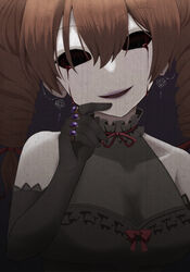  absurdres bare_shoulders black_dress black_gloves blood blood_from_eyes breasts brown_hair cleavage commentary dress drill_hair drop_earrings earrings elbow_gloves female frills gloves highres horror_(theme) jewelry looking_at_viewer masakano_masaka ring ringed_eyes smile solo touhou twin_drills upper_body yorigami_jo&#039;on 