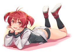  antenna_hair ass black_socks blush butt_crack commentary_request female hair_ornament hair_scrunchie hands_on_own_face highres isshiki_akane legs_up long_sleeves looking_at_viewer lying michairu national_shin_ooshima_school_uniform on_stomach red_eyes red_hair school_uniform scrunchie shoes short_shorts short_twintails shorts simple_background smile socks solo twintails vividred_operation white_background 