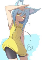  :o absurdres animal_ear_fluff animal_ears arm_up bad_id bad_pixiv_id bare_arms bare_shoulders bike_shorts black_shorts blue_background blue_hair breasts brown_eyes commentary_request drawstring female hair_between_eyes highres hood hood_down hoodie idaten93 long_hoodie original parted_lips short_shorts shorts sleeveless sleeveless_hoodie small_breasts solo terufu-chan two-tone_background white_background yellow_hoodie 