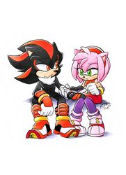  1boy amy_rose applying_bandages art_trade artist_name bandaged_hand bandages dated dress female finik furry furry_female furry_male gloves green_eyes highres red_dress red_eyes shadow shadow_the_hedgehog shoes signature simple_background sitting sonic_(series) sonic_boom_(series) thighhighs watermark white_background white_gloves 