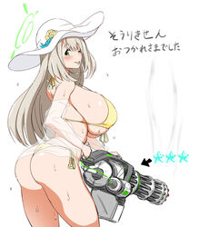  :p ass bikini blue_archive blush breasts commentary_request female flower gatling_gun green_eyes halo hat hat_flower huge_breasts jacket light_brown_hair long_hair looking_at_viewer m134_minigun m_mance minigun nonomi_(blue_archive) nonomi_(swimsuit)_(blue_archive) official_alternate_costume one_eye_closed open_mouth see-through see-through_jacket simple_background smile solo sun_hat swept_bangs swimsuit tongue tongue_out translation_request wet white_background yellow_bikini 