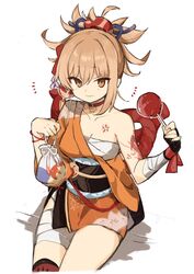  arm_tattoo bad_id bad_twitter_id bag bandages blonde_hair breasts candy_apple chest_tattoo choker cleavage female flower_tattoo food freenote_mr genshin_impact hadanugi_dousa highres holding holding_bag holding_food japanese_clothes kimono looking_at_viewer medium_breasts orange_eyes orange_kimono red_choker sarashi simple_background sitting smile solo tattoo tied_hair white_background yoimiya_(genshin_impact) 