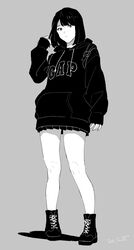  :&lt; ankle_boots boots closed_mouth cross-laced_footwear dated female full_body grey_background greyscale hand_up highres hood hood_down hoodie long_sleeves looking_at_viewer miniskirt monochrome pigeon-toed pleated_skirt signature simple_background skirt solo tonari_no_jk_ni_odosarete_iribitararetemasu yukiyoshi_mamizu 