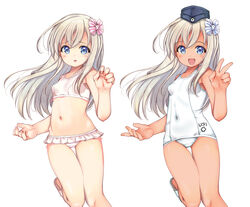  2girls :o ass_visible_through_thighs bikini blonde_hair blue_eyes blush breasts commentary_request cosplay costume_switch covered_navel cowboy_shot dual_persona hair_between_eyes hair_ornament hair_ribbon hat highres kantai_collection leg_up long_hair long_sleeves looking_at_viewer multiple_girls off_shoulder one-piece_swimsuit one-piece_tan open_mouth peaked_cap ribbon ro-500_(kancolle) ro-500_(kancolle)_(cosplay) ro-500_(swimsuit_mode)_(kancolle) sandals school_swimsuit simple_background small_breasts smile standing standing_on_one_leg swimsuit tan tanlines u-511_(kancolle) u-511_(kancolle)_(cosplay) u-511_(swimsuit_mode)_(kancolle) v white_background white_bikini white_one-piece_swimsuit yashin_(yasinz) yellow_background 