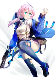  ahoge arknights black_shorts black_thighhighs blue_eyes blue_footwear blue_jacket blue_poison_(arknights) blue_poison_(elite_ii)_(arknights) boots commentary_request crossbow feet_out_of_frame female hair_between_eyes hair_intakes hand_up highres holding holding_weapon hood hood_up hooded_jacket jacket long_hair looking_away looking_to_the_side low_twintails open_clothes open_jacket parted_lips pink_hair short_shorts shorts smile solo thighhighs thighhighs_under_boots twintails weapon white_background yokaze_(yokajie) 