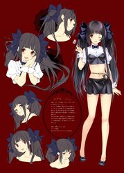  :d absurdres anger_vein black_hair blue_bow bow chains collarbone crop_top female hairbow hand_on_own_cheek hand_on_own_face hario_4 highres holding_dart lace mary_(hario_4) midriff multiple_views navel no_socks one_eye_closed original own_hands_together pleated_skirt red_background red_eyes reference_sheet shoes skirt smile translation_request twintails wavy_mouth wrist_cuffs 