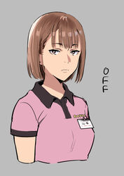  bob_cut bright_pupils brown_eyes brown_hair closed_mouth collared_shirt cropped_torso employee_uniform female grey_background looking_at_viewer medium_hair name_tag original pink_shirt polo_shirt shirt short_sleeves simple_background solo uniform upper_body white_pupils wing_collar yukiyoshi_mamizu 