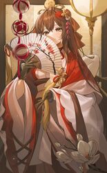  absurdres bad_id bad_twitter_id brown_eyes brown_gloves brown_hair closed_mouth female flower gloves hair_between_eyes hair_ornament half-closed_eyes hand_fan harusame_(user_wawj5773) highres holding holding_fan huion indoors japanese_clothes kimono long_hair long_sleeves looking_at_viewer paper_fan sidelocks smile solo very_long_hair white_flower wide_sleeves 