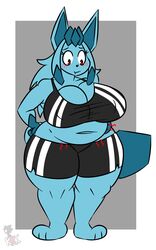  2020 3_toes absurd_res aliasing anthro belly big_breasts biped black_nose blue_hair blush border bottomwear breasts cleavage clothed clothing crop_top curvy_figure digital_media_(artwork) eeveelution embarrassed eyelashes feet female front_view generation_4_pokemon glaceon gwen_(kingretrokirby) hair hand_on_belly hand_on_hip hi_res hungry kingretrokirby long_hair looking_down midriff navel nintendo nipple_outline overweight overweight_anthro overweight_female pokemon pokemon_(species) pokemorph red_eyes rumbling_stomach shirt shorts signature slightly_chubby solo standing tank_top thick_thighs toes topwear voluptuous white_border wide_hips 