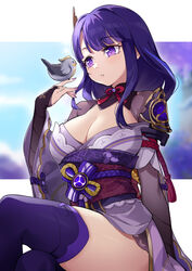  absurdres bird blunt_bangs breasts cleavage female fingerless_gloves genshin_impact gloves highres japanese_clothes kimono large_breasts mole mole_under_eye parted_lips purple_eyes purple_hair purple_kimono purple_thighhighs raiden_shogun shao_(shaorouhong) sitting solo thighhighs thighs wide_sleeves 