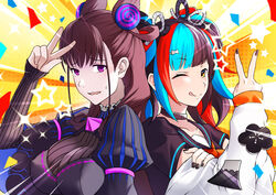  2girls back-to-back bbk_(13zk) black_dress black_hair black_nails black_sailor_collar black_serafuku black_shirt blue_hair blush breasts brown_hair choker closed_mouth cone_hair_bun confetti double_bun dress emotional_engine_-_full_drive fate/grand_order fate_(series) gem hair_between_eyes hair_bun hands_up highres jacket juliet_sleeves large_breasts licking_lips long_hair long_sleeves looking_at_viewer medium_breasts multicolored_hair multiple_girls murasaki_shikibu_(fate) off_shoulder one_eye_closed open_mouth orange_background parody puff_and_slash_sleeves puffy_long_sleeves puffy_sleeves purple_eyes purple_gemstone red_hair sailor_collar school_uniform sei_shounagon_(fate) serafuku shirt smile sparkle star_(symbol) starry_background sunburst sunburst_background tongue tongue_out twintails two_side_up v very_long_hair wavy_mouth white_jacket wide_sleeves yellow_background yellow_eyes 