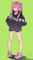  bandaid bandaid_on_knee bandaid_on_leg black_hoodie black_shorts blue_eyes clothes_writing commentary_request dated dolphin_shorts female full_body grey_background grey_mask highres hood hood_down hoodie long_hair looking_at_viewer mask mask_pull mouth_mask original pigeon-toed pink_hair print_hoodie quad_tails reebok sharp_teeth shoes short_shorts shorts simple_background sneakers solo standing surgical_mask teeth twintails yukiyoshi_mamizu 