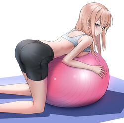  ass back ball bare_arms bare_shoulders bent_over black_shorts blush breast_press breasts brown_eyes brown_hair clothes_lift exercise_ball expressionless feet_out_of_frame female from_side hair_between_eyes highres kneeling leaning_on_ball leaning_on_object looking_at_viewer midriff original short_shorts shorts solo sports_bra sports_bra_lift sportswear straight_hair syatihoko123 turning_head underwear white_background white_sports_bra 