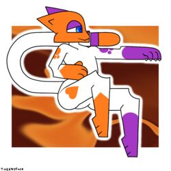  1:1 abstract_background anthro asymmetrical_coloring blue_eyes calico_cat cally_(theenyface) claws digital_drawing_(artwork) digital_media_(artwork) dipstick_tail domestic_cat felid feline felis female flat_colors fur heart_symbol long_tail mammal markings orange_body orange_fur purple_body purple_fur sitting solo tail tail_markings theenyface white_body 