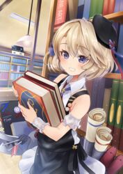  absurdres apron azur_lane bad_id bad_pixiv_id bare_shoulders beret black_apron black_hat blue_eyes blush book bookshelf bow collared_dress commentary_request cowboy_shot cross dress female grin hair_between_eyes hairbow hat highres holding holding_book indoors iron_cross lamp library light_brown_hair looking_at_viewer manjirou_(manji_illust) official_alternate_costume purple_bow short_hair sidelocks sleeveless sleeveless_dress smile solo standing tilted_headwear torpedo turret white_dress wrist_cuffs z23_(azur_lane) z23_(the_eyecatch_in_the_rye?)_(azur_lane) 