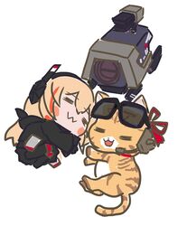  2girls :3 black_jacket blonde_hair blush_stickers chibi chika_(keiin) commentary_request dinergate_(girls&#039;_frontline) eyewear_on_head feline full_body girls&#039;_frontline gun hair_between_eyes hair_ribbon headgear highres jacket kalina_(girls&#039;_frontline) kalinya long_hair long_sleeves lying m4_sopmod_ii_jr multicolored_hair multiple_girls non-humanoid_robot on_side open_mouth red_hair red_ribbon ribbon robot sangvis_ferri simple_background sleeping smile streaked_hair sunglasses weapon white_background 