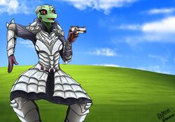  argonian armor biobrony bliss_(image) delet_this gun hi_res meer-mah meme microsoft microsoft_windows ranged_weapon scalie solo the_elder_scrolls weapon windows_xp 