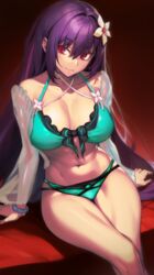  bare_shoulders bikini black_bikini breasts cleavage collarbone dynamitenatalia fate/grand_order fate_(series) female flower green_bikini hair_between_eyes hair_flower hair_ornament highres large_breasts long_hair long_sleeves looking_at_viewer navel open_clothes open_shirt purple_hair red_eyes scathach_(fate) scathach_skadi_(fate) scathach_skadi_(swimsuit_ruler)_(fate) scathach_skadi_(swimsuit_ruler)_(final_ascension)_(fate) see-through smile solo swimsuit thighs two-tone_bikini 