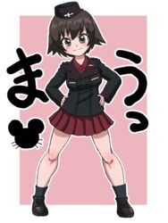  ankle_boots black_footwear black_hat black_jacket black_socks boots border brown_eyes brown_hair closed_mouth dress_shirt female garrison_cap girls_und_panzer hands_on_own_hips hat hida_ema insignia jacket kuromorimine_military_uniform long_sleeves looking_at_viewer military military_hat military_uniform miniskirt mouse_print outline outside_border pink_background pleated_skirt red_shirt red_skirt shirt short_hair skirt smile smirk socks solo standing takahashi_kurage translated uniform v-shaped_eyebrows white_border white_outline wing_collar 