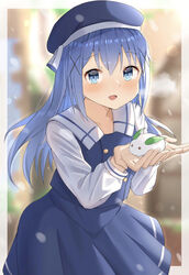  :d blue_eyes blue_hair blue_headwear blue_skirt blurry blurry_background commentary_request female floating_hair gochuumon_wa_usagi_desu_ka? hair_between_eyes hair_ornament highres kafuu_chino kafuu_chino&#039;s_school_uniform long_hair long_sleeves looking_at_viewer miniskirt open_mouth pleated_skirt raru0310 school_uniform shirt skirt smile snow_rabbit snowing solo standing white_shirt x_hair_ornament 