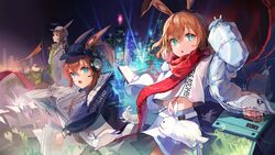  3girls absurdres amiya_(arknights) amiya_(fresh_fastener)_(arknights) amiya_(newsgirl)_(arknights) amiya_(planter)_(arknights) animal animal_ear_fluff animal_ears arknights baseball_cap black_jacket blue_eyes blue_skirt blurry blurry_background brown_hair building cityscape closed_mouth commentary depth_of_field earbuds earphones ears_through_headwear english_text green_shirt hair_between_eyes happyongdal hat headphones headset heart high_ponytail highres holographic_interface jacket long_hair long_sleeves looking_at_viewer midriff_peek multiple_girls multiple_persona newspaper night night_sky open_clothes open_jacket open_mouth outdoors parted_lips pleated_skirt ponytail profile puffy_long_sleeves puffy_sleeves rabbit rabbit_ears red_scarf scarf shirt skirt sky skyscraper smile star_(sky) starry_sky symbol-only_commentary very_long_hair white_headwear white_jacket white_shirt 