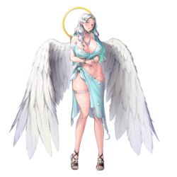  angel_wings breasts bumcha cleavage covered_nipples crying female full_body game_cg grey_hair hair_ornament hairclip highres huge_breasts jewelry last_origin long_hair looking_at_viewer navel necklace official_alternate_costume official_art pearl_necklace ramiel_(last_origin) red_eyes sandals sarong solo sweat tachi-e tears third-party_source transparent_background wavy_hair wings 