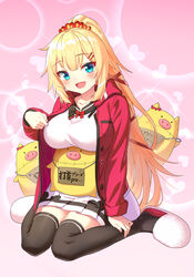  akai_haato akai_haato_(casual) black_thighhighs blonde_hair breast_rest breasts bubble_background check_translation chinese_commentary chinese_text clothes_lift commentary drogoth female fingernails full_body green_eyes haaton_(akai_haato) hair_ornament hairclip heart heart_background high_ponytail highres hololive jacket jacket_lift large_breasts long_hair looking_at_viewer nail_polish official_alternate_costume official_alternate_hairstyle on_lap open_clothes open_jacket pink_background pink_nails red_jacket red_ribbon ribbon sitting skirt slippers smile solo thighhighs translation_request tsurime very_long_hair virtual_youtuber wariza 