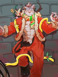  abs anthro azifray bell christmas clothed clothing cygames drunk felid hi_res holidays holly_(plant) lying male mammal nimbus_(world_flipper) open_clothing pantherine pawpads plant solo street substance_intoxication tiger tired world_flipper 