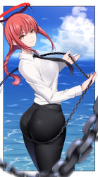  ass black_necktie black_pants blood blood_halo blurry braid braided_ponytail breasts brown_eyes chain_leash chains chainsaw_man collared_shirt commentary_request depth_of_field female halo highres holding holding_chain holding_leash kippuru large_breasts leash liquid_halo long_sleeves looking_at_viewer looking_back makima_(chainsaw_man) necktie ocean outdoors pants pantylines pov red_hair red_halo ringed_eyes shirt smile solo taut_clothes thick_thighs thighs tight_clothes tight_pants viewer_on_leash water white_shirt 