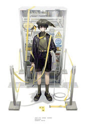  1boy arknights ayerscarpe_(arknights) belt black_hair black_jacket black_shorts character_name commentary earrings full_body green_shirt green_socks high-waist_shorts highres jacket jewelry lightning_bolt_symbol long_sleeves looking_at_viewer machinery male_focus norizc red_eyes sandals shirt shirt_tucked_in short_hair shorts socks solo standing white_background wire 