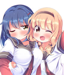  2girls ;( ;d alternate_hair_ornament blonde_hair blue_hair blunt_bangs breasts brown_eyes collarbone facing_viewer furutani_himawari hair_between_eyes hair_ornament hairband hairclip highres large_breasts layered_sleeves long_sleeves looking_at_viewer looking_to_the_side multiple_girls nanamori_school_uniform oerba_yun_fang one-armed_hug one_eye_closed oomuro_sakurako open_mouth sailor_collar school_uniform serafuku short_over_long_sleeves short_sleeves smile takahero upper_body yuru_yuri 