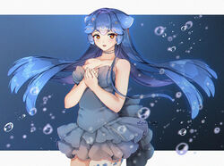  absurdres air_bubble artist_name bao_(vtuber) bao_(vtuber)_(1st_costume) blue_hair breasts bubble cleavage dress english_commentary female floating_hair grey_dress hair_between_eyes highres indie_virtual_youtuber liquid_hair long_hair looking_at_viewer medium_breasts own_hands_together shizukodesu solo underwater very_long_hair virtual_youtuber 