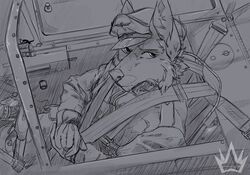  afrikakorps aircraft airplane anthro bf_109_g canid canine canis cinnabaron clothing cockpit domestic_dog gloves handwear hans_(cinnabaron) hat headgear headwear hi_res inside_airplane joystick looking_at_viewer luftwaffe male mammal military military_cap military_uniform monochrome pilot sitting solo uniform vehicle watermark world_war_2 