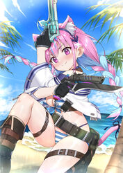  animal_ear_fluff animal_ears belt belt_pouch bikini black_belt black_gloves blue_hair blue_sky blush boots braid breasts cat_ears cat_girl cat_tail chinese_commentary cleavage closed_mouth commentary_request cropped_jacket day dual_wielding extra_ears female gloves gun handgun holding holding_gun holding_weapon hololive jacket knee_boots long_hair looking_at_viewer medium_breasts minato_aqua multicolored_hair open_clothes open_jacket outdoors palm_tree pink_hair pouch purple_eyes revolver ribbon sky smile solo striped_bikini striped_clothes swimsuit tail tail_ornament tail_ribbon thigh_strap tree try_(lsc) twin_braids twintails two-tone_hair virtual_youtuber weapon white_jacket 