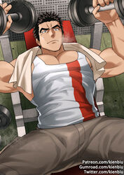  1boy akihiro_altland bara barbell bench_press black_hair dark_skin dumbbell exercising gundam gundam_tekketsu_no_orphans gym indoors kienbiu large_pectorals looking_at_viewer lying male_focus muscular muscular_male on_back paid_reward_available pants pectorals photoshop_(medium) short_hair solo stringer tank_top thighs towel weightlifting weights 