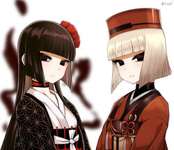  2girls absurdres asa_no_ha_(pattern) black_eyes black_hair black_kimono blunt_bangs blunt_ends blurry blurry_background blush breasts chinese_knot choker closed_mouth commentary_request eyeliner fate/grand_order fate_(series) flower grey_hair hair_flower hair_ornament hat highres japanese_clothes kimono komahime_(fate) long_hair long_sleeves looking_at_viewer makeup multiple_girls obi red_headwear red_kimono right-over-left_kimono sash sekai_saisoku_no_panda sen_no_rikyu_(fate) short_hair small_breasts smile tassel tsurime very_long_hair wide_sleeves 