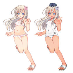  absurdres ass_visible_through_thighs bare_shoulders bikini bikini_skirt blonde_hair blue_eyes blush breasts commentary_request cosplay costume_switch covered_navel female full_body hair_between_eyes hair_ornament hair_ribbon hat highres kantai_collection leg_up long_hair long_sleeves looking_at_viewer multiple_views navel off_shoulder official_alternate_costume one-piece_swimsuit one-piece_tan open_mouth peaked_cap ribbon ro-500_(kancolle) ro-500_(kancolle)_(cosplay) ro-500_(swimsuit_mode)_(kancolle) sandals school_swimsuit simple_background small_breasts smile standing standing_on_one_leg stomach swimsuit tan tanlines u-511_(kancolle) u-511_(kancolle)_(cosplay) u-511_(swimsuit_mode)_(kancolle) v white_background white_bikini white_one-piece_swimsuit yashin_(yasinz) 