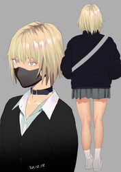  bag belt_collar black_cardigan black_jacket blonde_hair bright_pupils cardigan collar collared_shirt facing_away female grey_background grey_eyes grey_skirt highres jacket miniskirt multiple_views original pleated_skirt shirt shoes short_hair shoulder_bag simple_background skirt socks standing white_footwear white_legwear white_pupils wing_collar yukiyoshi_mamizu 