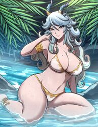  adjusting_hair aqua_eyes aqua_hair armlet bikini breasts dragon_horns female highres horns large_breasts long_hair looking_at_viewer mole mole_on_breast omiza_somi original parted_lips partially_submerged plump smile solo swimsuit teeth thick_thighs thighs wavy_hair white_bikini 