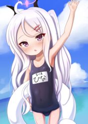  arm_up black_one-piece_swimsuit blue_archive blue_sky blush cloud cloudy_sky collarbone commentary_request covered_navel day female hair_between_eyes hair_ornament hairclip halo highres hina_(blue_archive) hina_(swimsuit)_(blue_archive) horizon horns innertube long_hair name_tag neko_miyabi_(artist) ocean official_alternate_costume old_school_swimsuit one-piece_swimsuit one_side_up outdoors parted_bangs parted_lips partial_commentary purple_eyes school_swimsuit sky solo swim_ring swimsuit very_long_hair water white_hair 