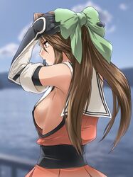  akito_(sub707) blue_sky blurry bow breasts brown_eyes brown_hair cloud commentary_request day depth_of_field detached_sleeves elbow_gloves female forehead_protector from_behind gloves green_bow hair_intakes hairbow half_updo highres jintsuu_(kancolle) jintsuu_kai_ni_(kancolle) kantai_collection long_hair no_bra outdoors pleated_skirt school_uniform serafuku sideboob skirt sky solo upper_body 